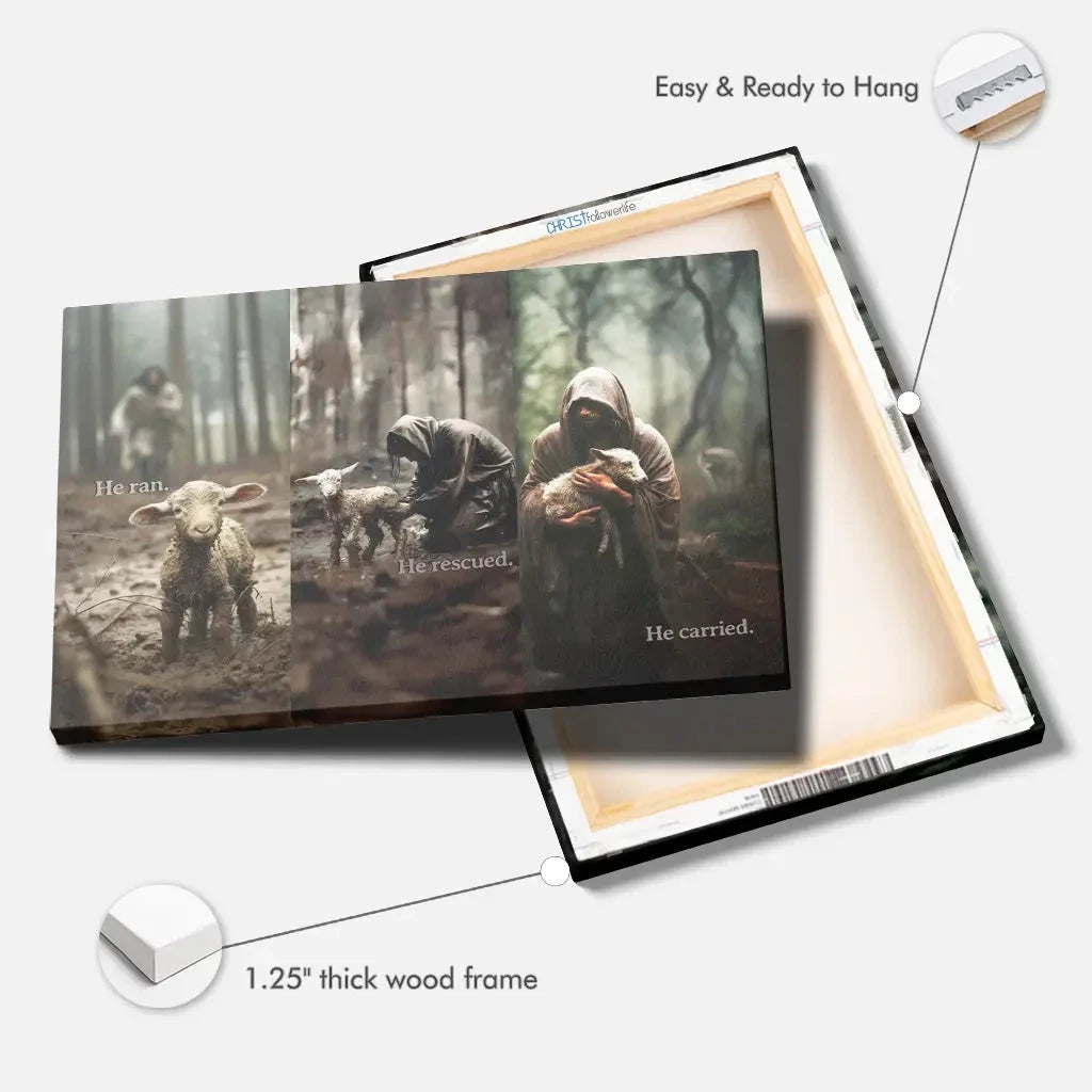 he ran he rescued he carried jesus and lost sheep wall art canvas (view 5)