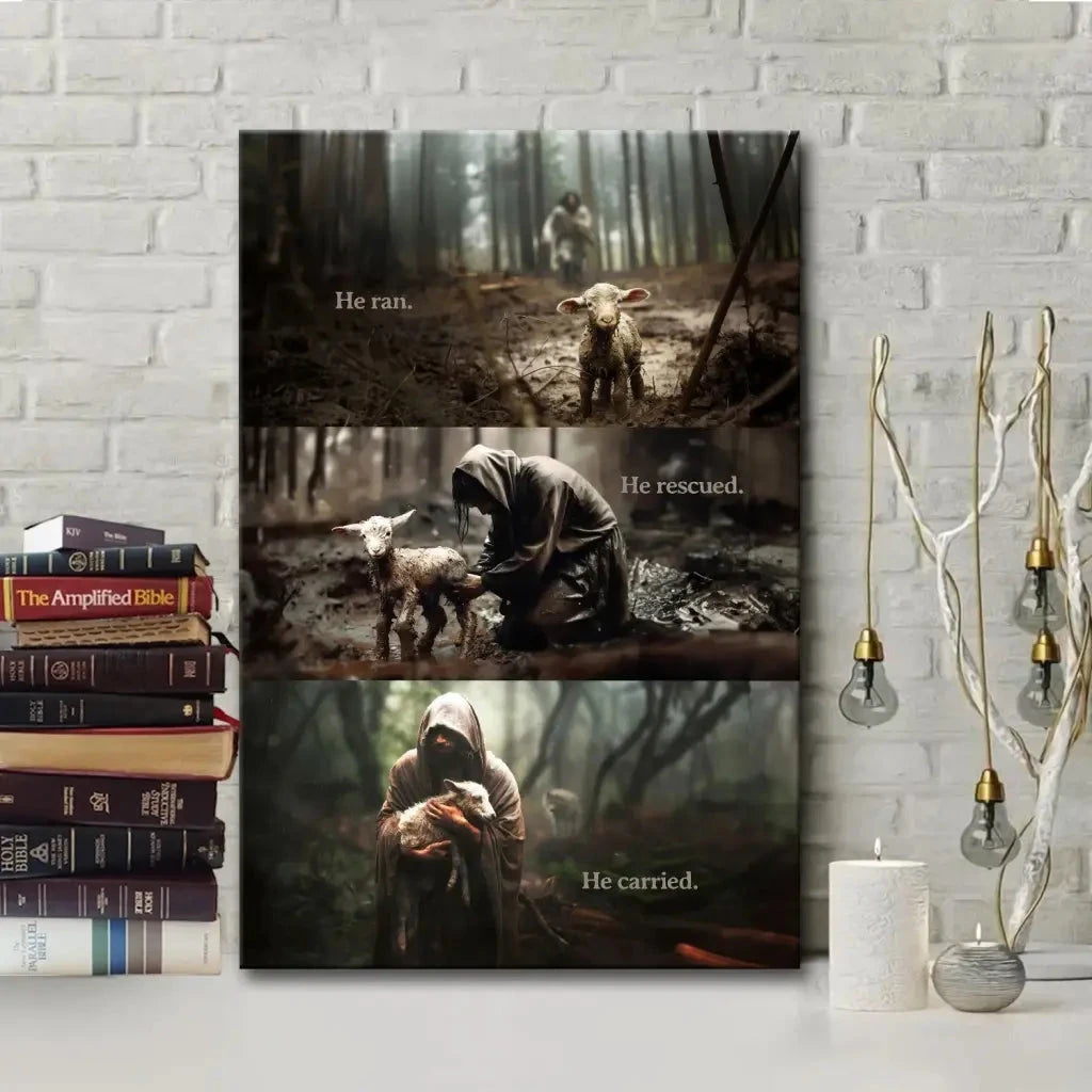 he ran he rescued he carried jesus and lost sheep wall art canvas (view 6)