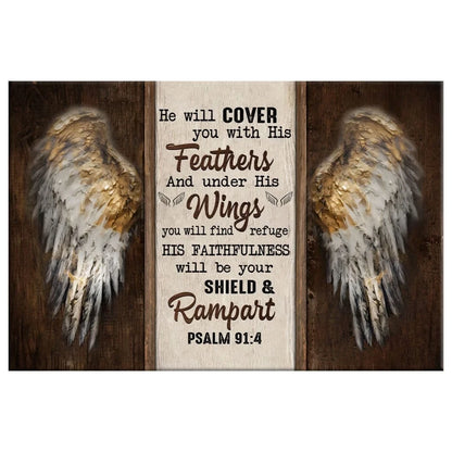 angel wings psalm 91 4 he will cover you with his feathers bible verse wall art canvas (Landscape) (view 3)