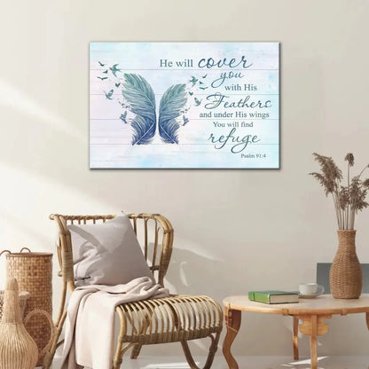 he will cover you with his feathers psalm 91 4 bible verse wall art canvas (Landscape) (view 4)