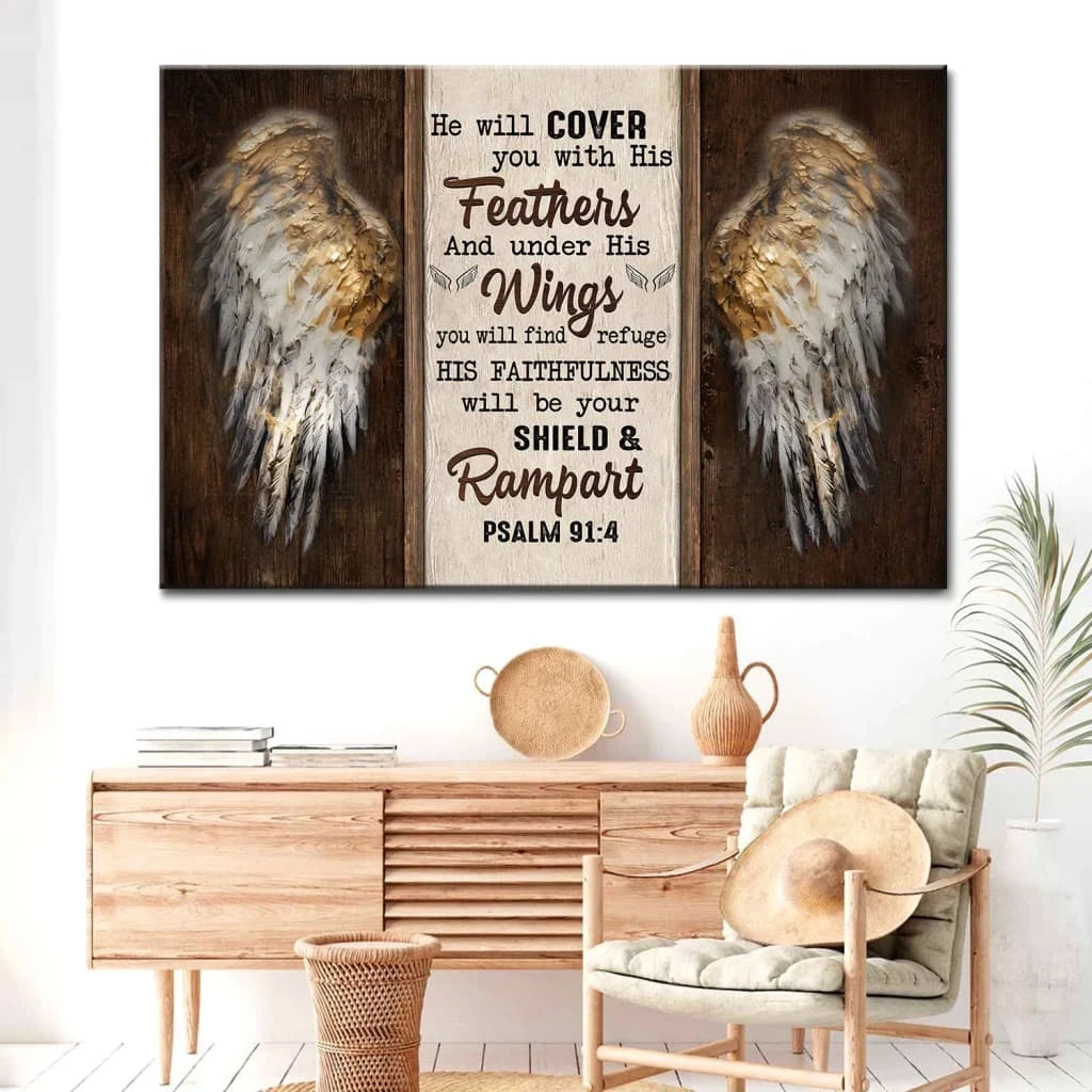 angel wings psalm 91 4 he will cover you with his feathers bible verse wall art canvas (Landscape) (view 4)