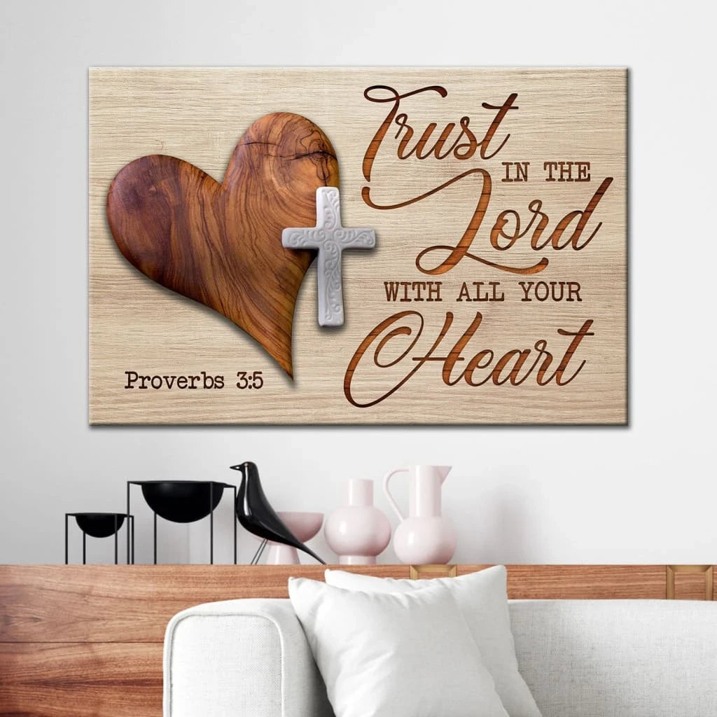 heart cross trust in the lord with all your heart proverbs 3 5 canvas wall art (Landscape) (view 2)