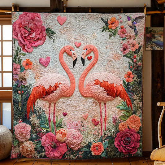 Hearts And Flamingos Valentine Quilt Blanket