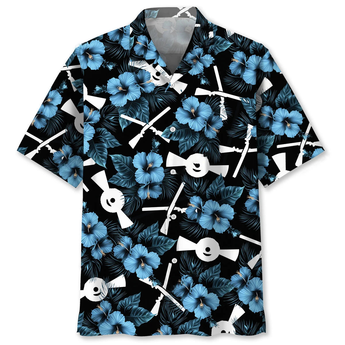 Helice Shooting Blue Hibiscus Hawaiian Shirt