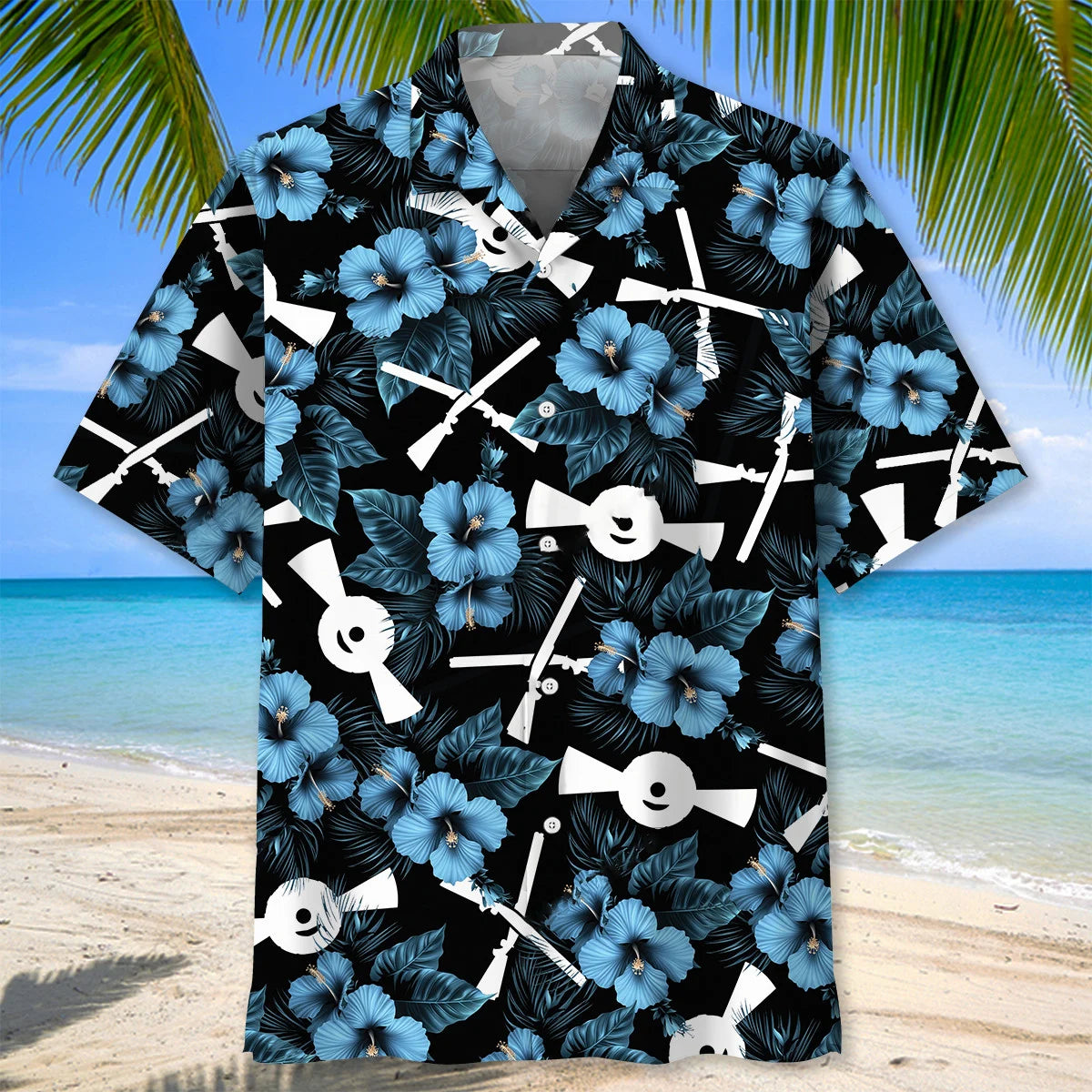 Helice Shooting Blue Hibiscus Hawaiian Shirt