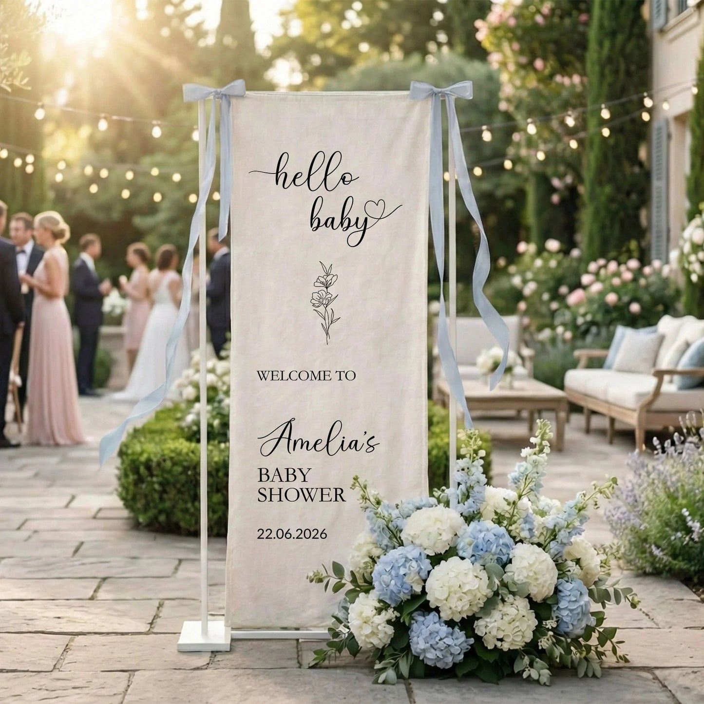 Hello Baby Baby Shower Banner Stand Personalized Baby Shower Welcome Sign Custom Name Linen Decor, baby shower decor