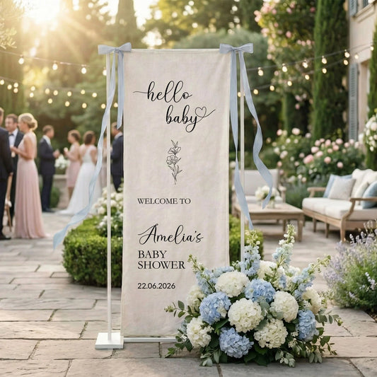 Hello Baby Baby Shower Banner Stand Personalized Baby Shower Welcome Sign Custom Name Linen Decor, baby shower decor