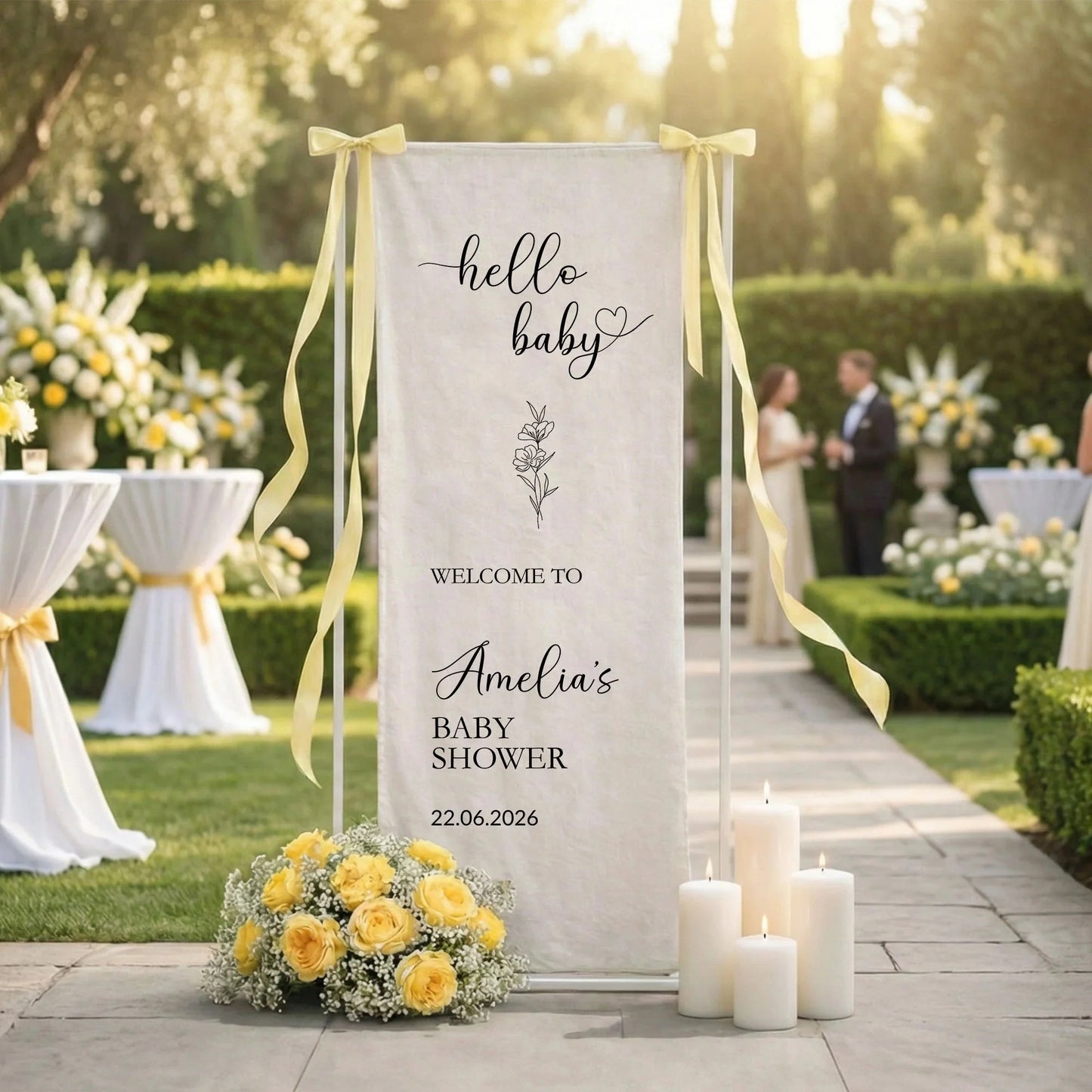 Hello Baby Baby Shower Banner Stand Personalized Baby Shower Welcome Sign Custom Name Linen Decor, baby shower decor (view 2)