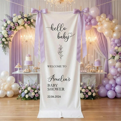 Hello Baby Baby Shower Banner Stand Personalized Baby Shower Welcome Sign Custom Name Linen Decor, baby shower decor (view 3)