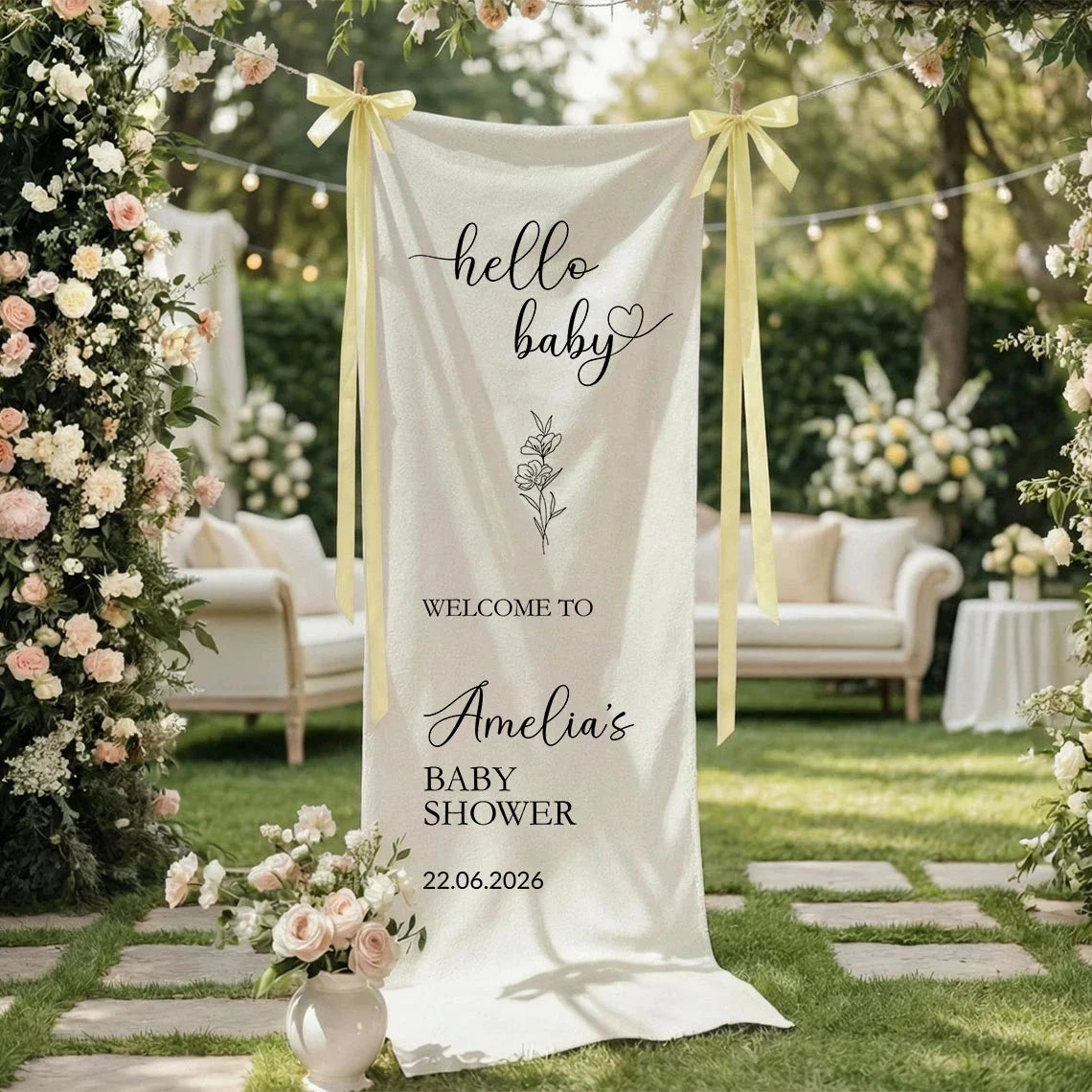 Hello Baby Baby Shower Banner Stand Personalized Baby Shower Welcome Sign Custom Name Linen Decor, baby shower decor (view 4)