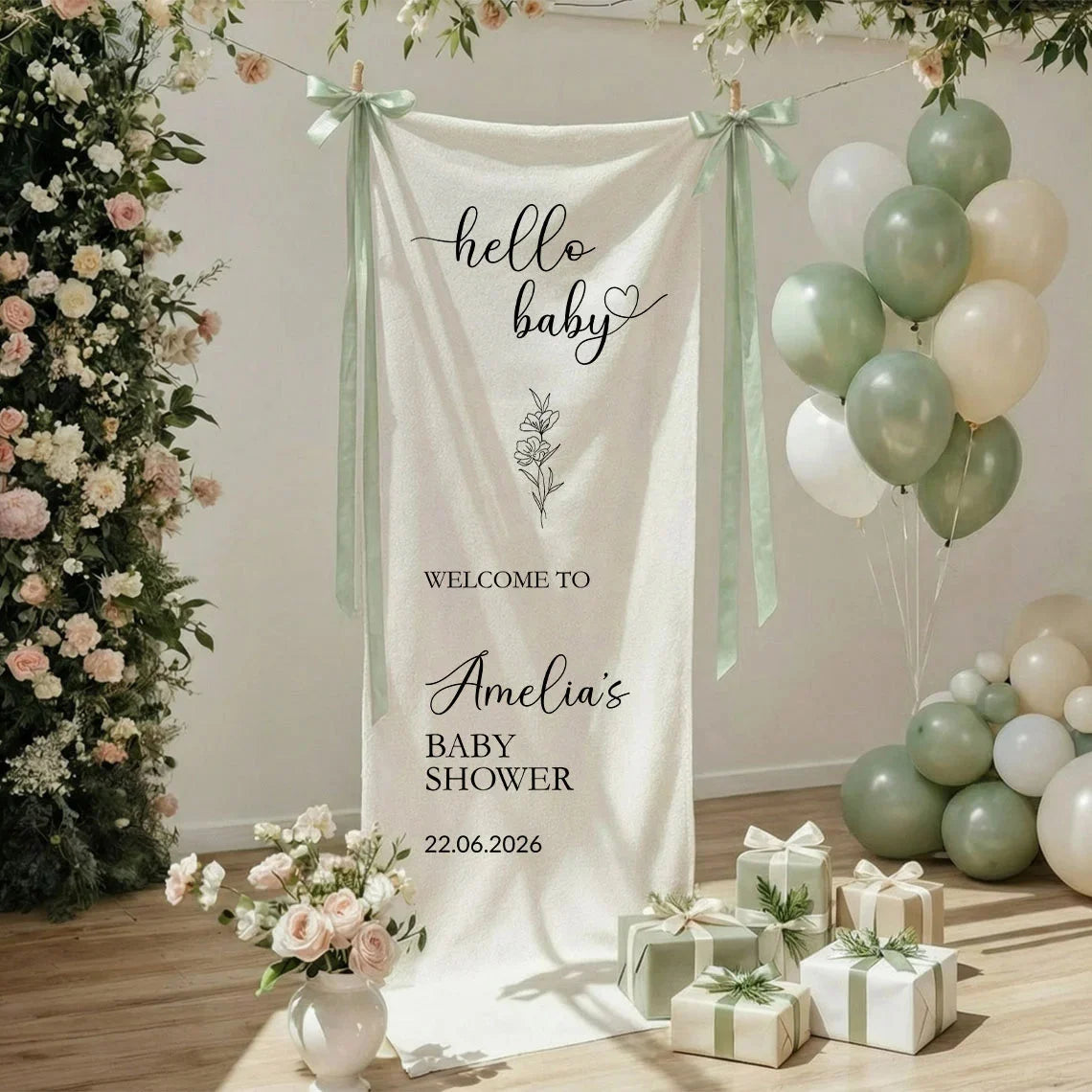 Hello Baby Baby Shower Banner Stand Personalized Baby Shower Welcome Sign Custom Name Linen Decor, baby shower decor (view 5)