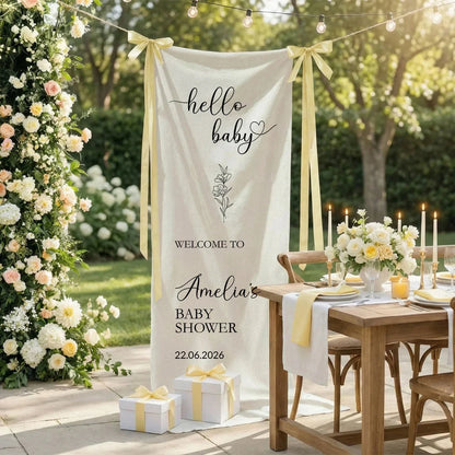 Hello Baby Baby Shower Banner Stand Personalized Baby Shower Welcome Sign Custom Name Linen Decor, baby shower decor (view 6)