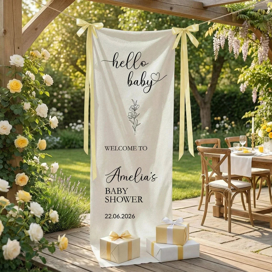 Hello Baby Baby Shower Banner Stand Personalized Baby Shower Welcome Sign Custom Name Linen Decor, baby shower decor (view 7)