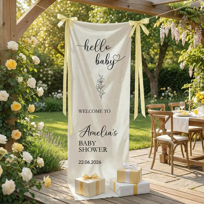 Hello Baby Baby Shower Banner Stand Personalized Baby Shower Welcome Sign Custom Name Linen Decor, baby shower decor (view 7)