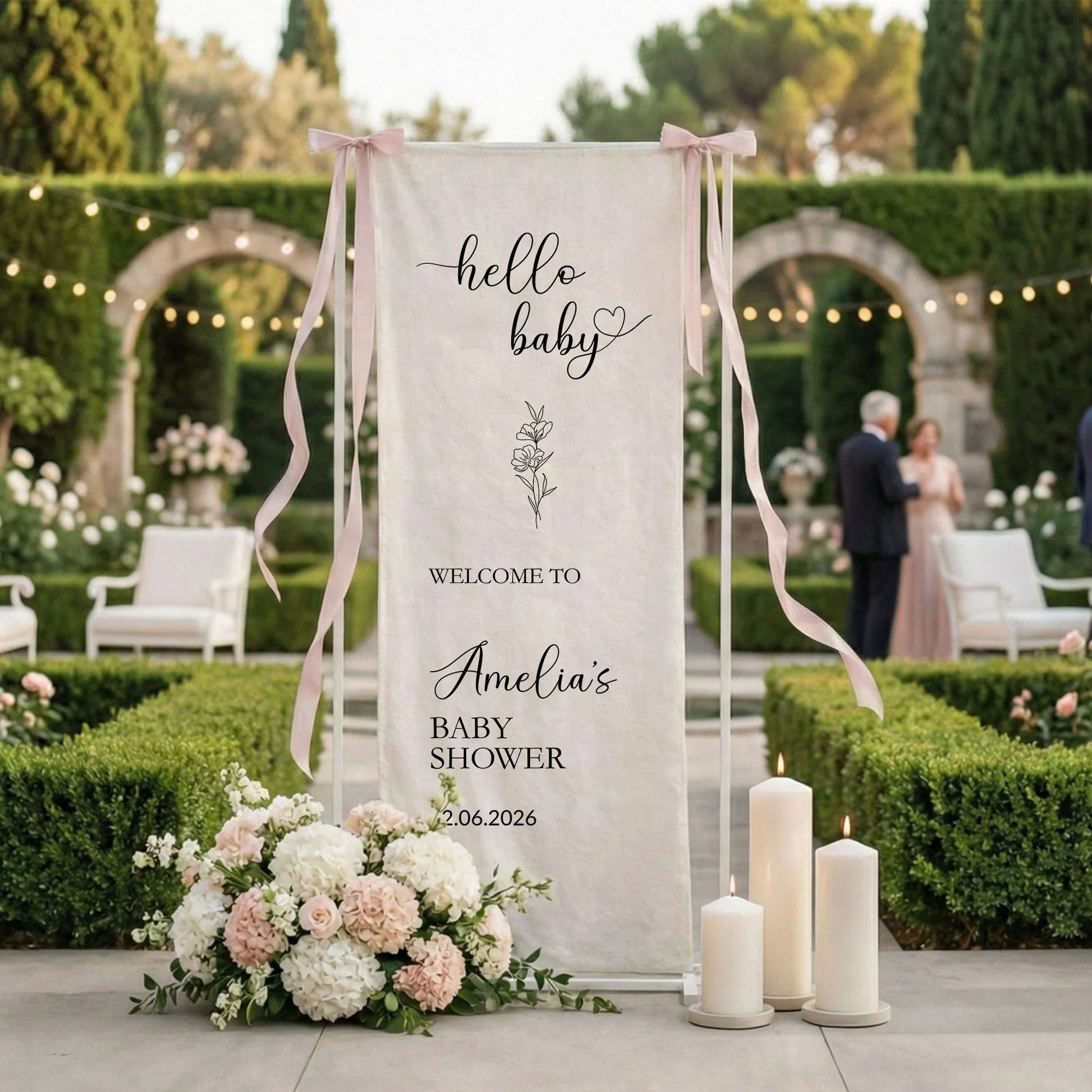 Hello Baby Baby Shower Banner Stand Personalized Baby Shower Welcome Sign Custom Name Linen Decor, baby shower decor (view 8)