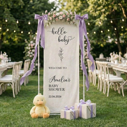 Hello Baby Baby Shower Banner Stand Personalized Baby Shower Welcome Sign Custom Name Linen Decor, baby shower decor (view 9)