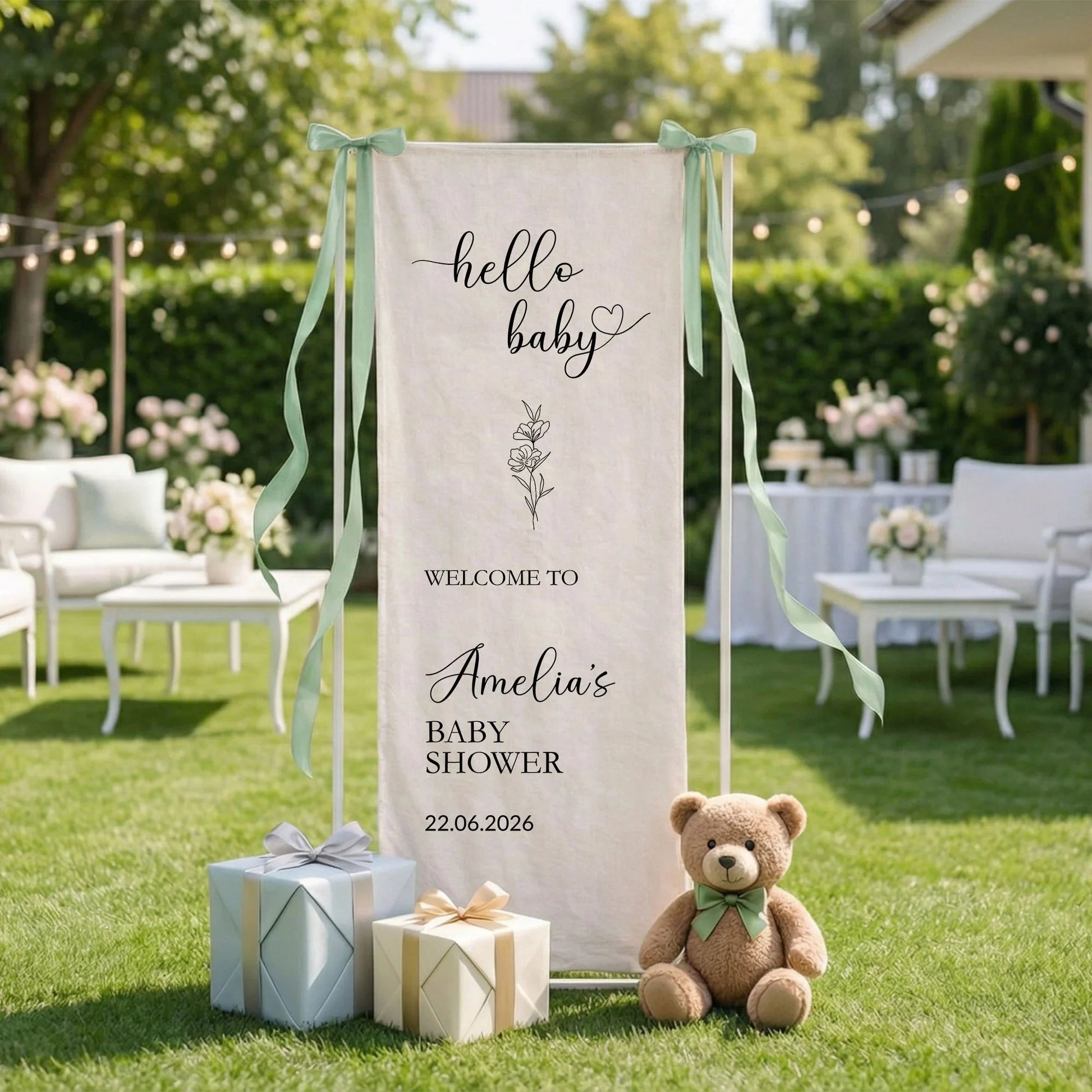 Hello Baby Baby Shower Banner Stand Personalized Baby Shower Welcome Sign Custom Name Linen Decor, baby shower decor