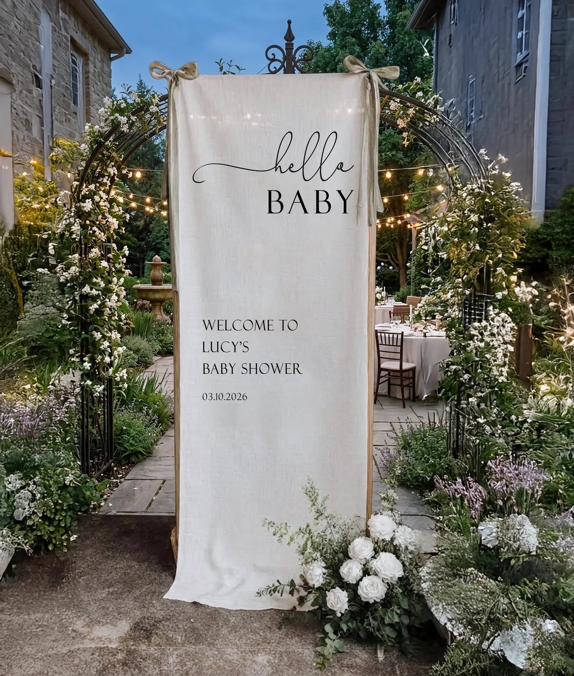 Hello Baby Shower Banner Personalized Baby Shower Welcome Sign Custom Name Linen Party Backdrop, baby shower decor