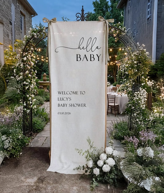 Hello Baby Shower Banner Personalized Baby Shower Welcome Sign Custom Name Linen Party Backdrop, baby shower decor