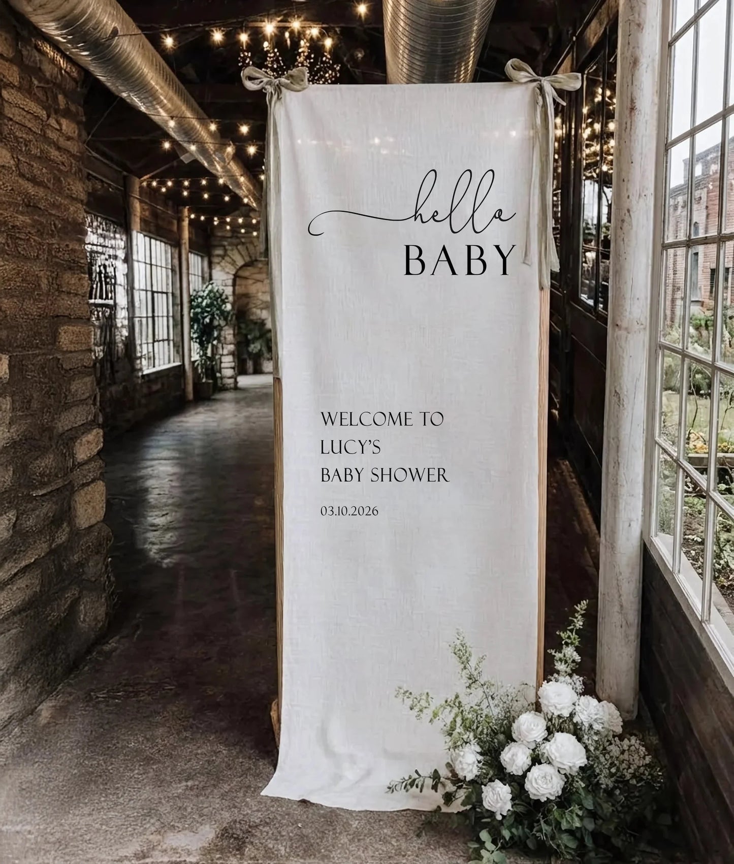 Hello Baby Shower Banner Personalized Baby Shower Welcome Sign Custom Name Linen Party Backdrop, baby shower decor (view 2)