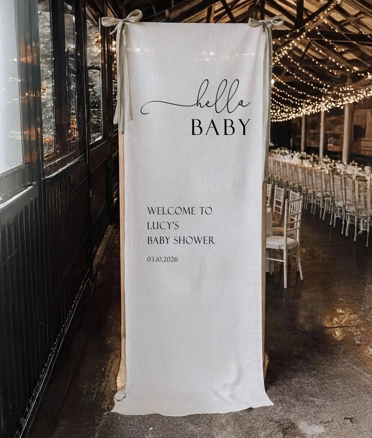 Hello Baby Shower Banner Personalized Baby Shower Welcome Sign Custom Name Linen Party Backdrop, baby shower decor (view 4)