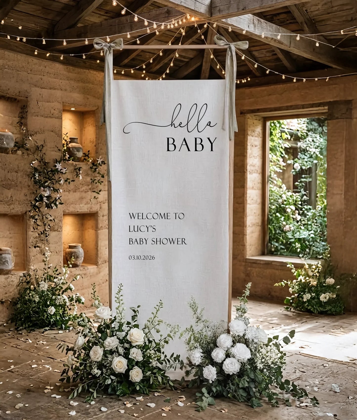Hello Baby Shower Banner Personalized Baby Shower Welcome Sign Custom Name Linen Party Backdrop, baby shower decor (view 5)