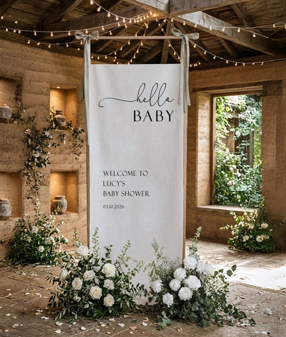 Hello Baby Shower Banner Personalized Baby Shower Welcome Sign Custom Name Linen Party Backdrop, baby shower decor (view 5)