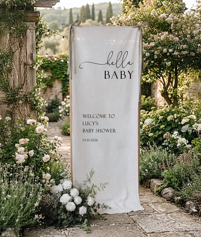 Hello Baby Shower Banner Personalized Baby Shower Welcome Sign Custom Name Linen Party Backdrop, baby shower decor (view 6)