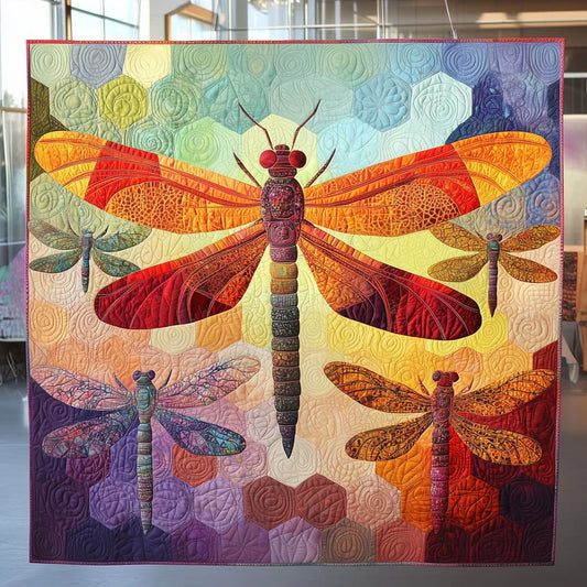 Hexagon Mosaic Dragonflies Quilt Blanket