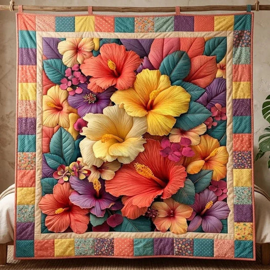 Hibiscus Symphony Quilt Blanket - Quilted Blanket by OtterMia