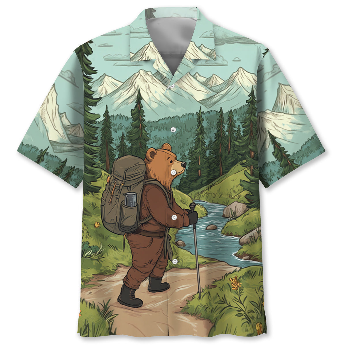 Hiking Bear Into the Forest I Go Hawaiian Shirt - M - hawaiian shirt