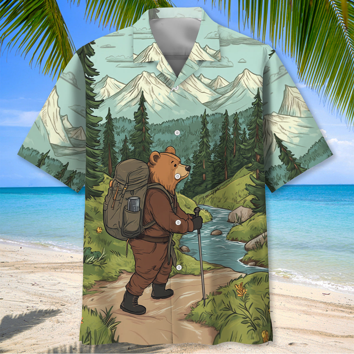 Hiking Bear Into the Forest I Go Hawaiian Shirt - L - hawaiian shirt