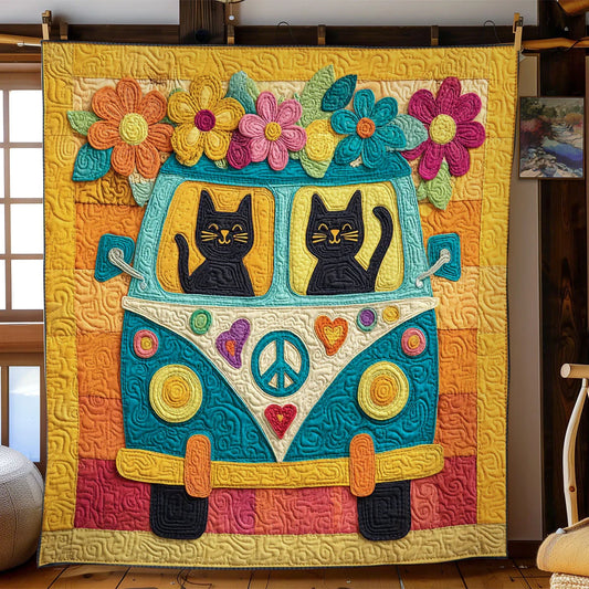 Hippie Cat Van Quilt Blanket