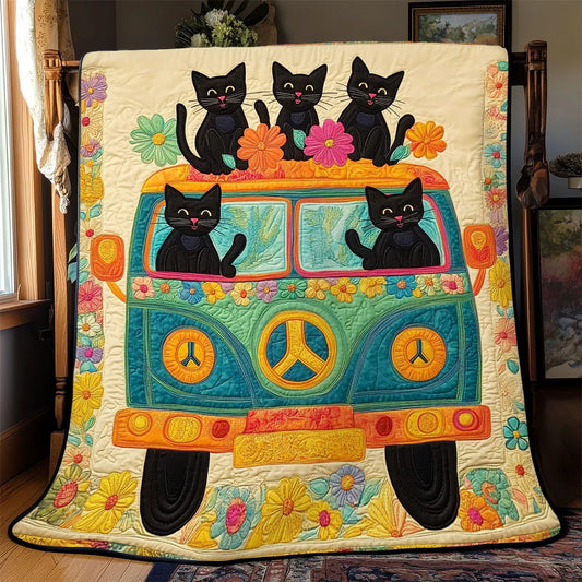 Hippie Cat Van Quilt Blanket
