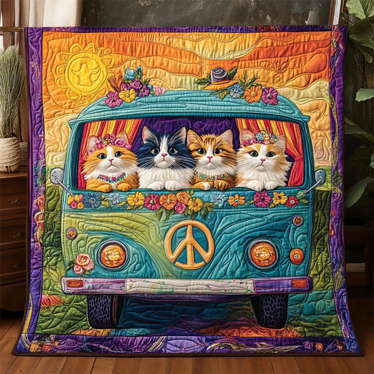 Hippie Cats Road Trip Quilt Blanket