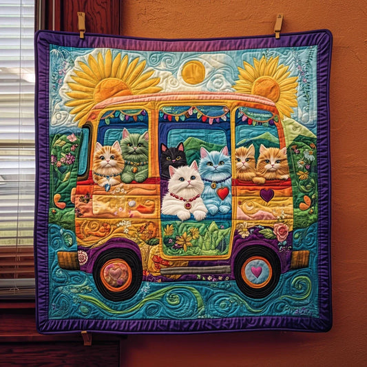 Hippie Cats Road Trip Quilt Blanket