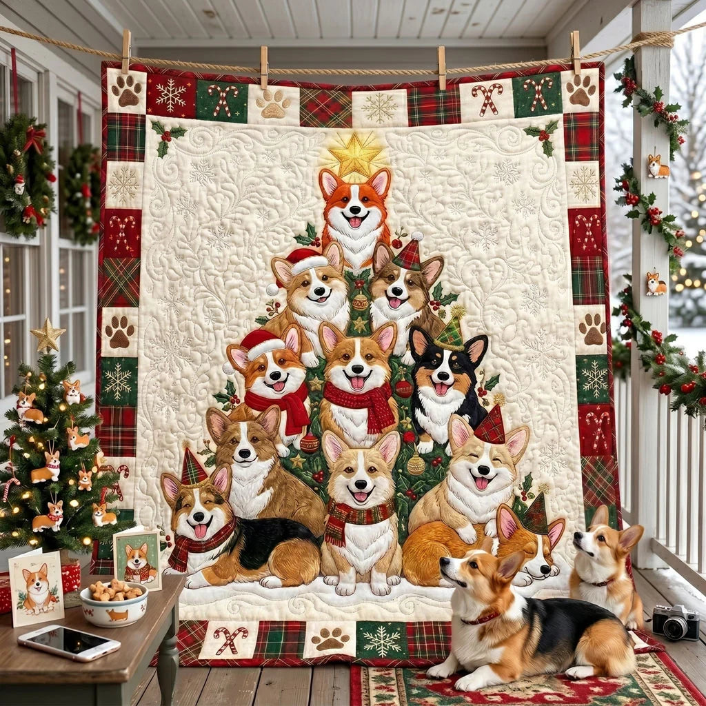 Holiday Corgi Tree Quilt Blanket