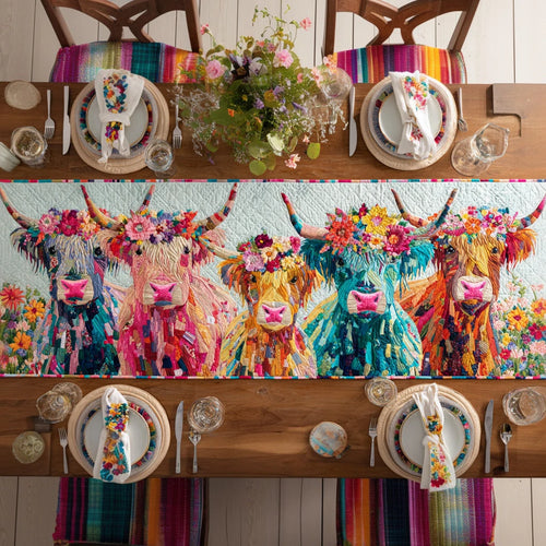 Holiday Highland Cow Quilted Table Runner