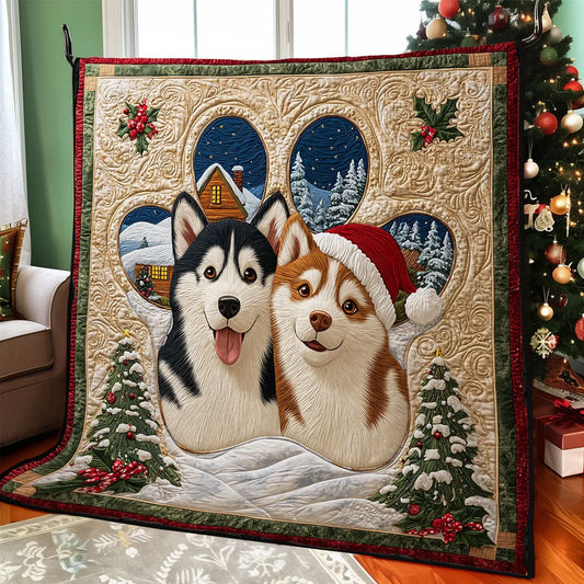 Holiday Huskies Quilt Blanket