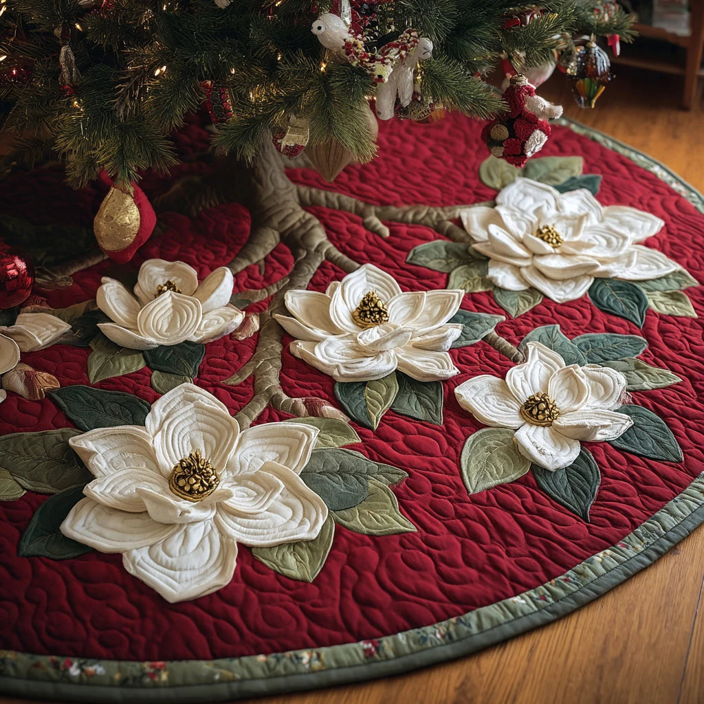 Holiday Magnolia Christmas Quilted Tree Skirt