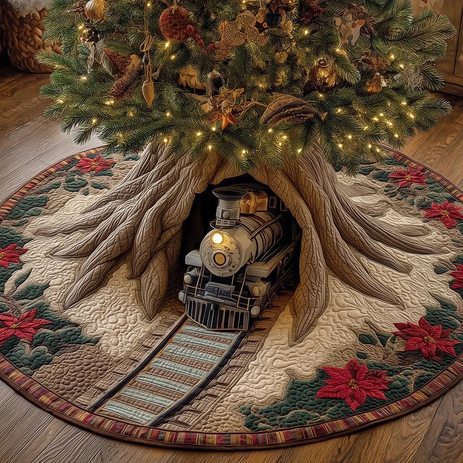 Holiday Railway Christmas Quilted Tree Skirt
