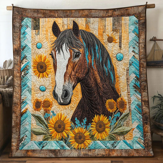 Horse Golden Field Quilt Blanket
