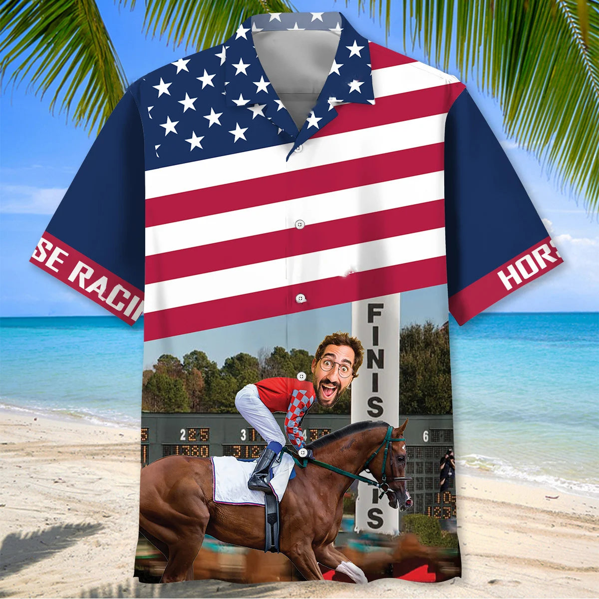 Horse Racing Alone at the Finish Custom Face Hawaiian Shirt