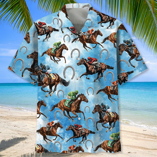 Horse Racing Blue Hawaiian Shirt - S - hawaiian shirt
