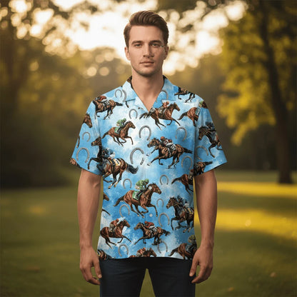 Horse Racing Blue Hawaiian Shirt