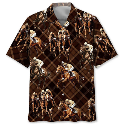 Horse Racing Brown Striped Hawaiian Shirt