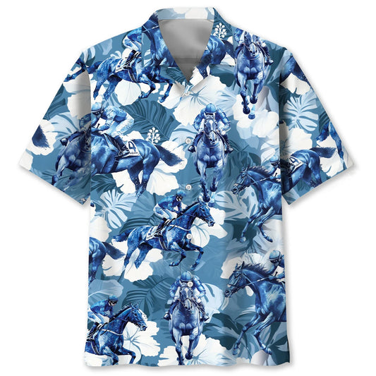 Horse Racing Hibiscus Blue Hawaiian Shirt - S - hawaiian shirt