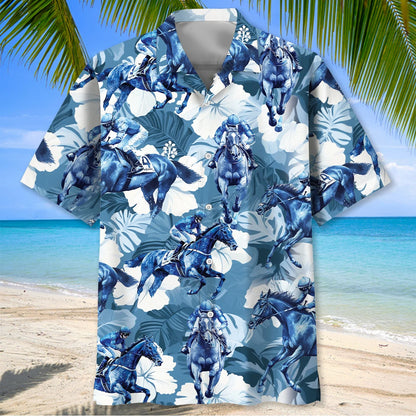 Horse Racing Hibiscus Blue Hawaiian Shirt
