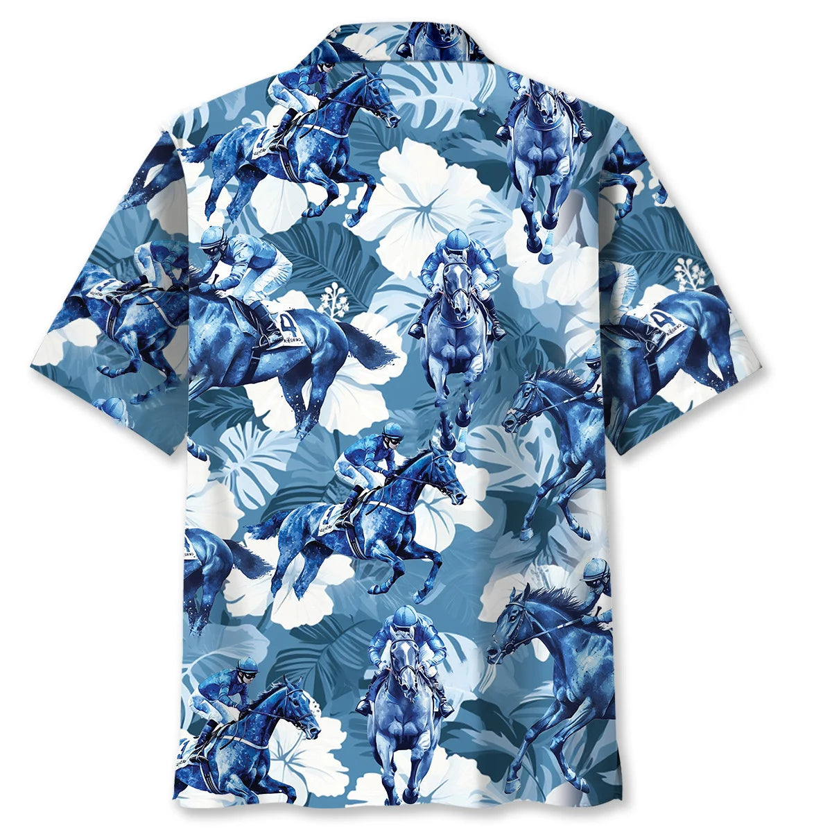 Horse Racing Hibiscus Blue Hawaiian Shirt