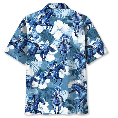 Horse Racing Hibiscus Blue Hawaiian Shirt